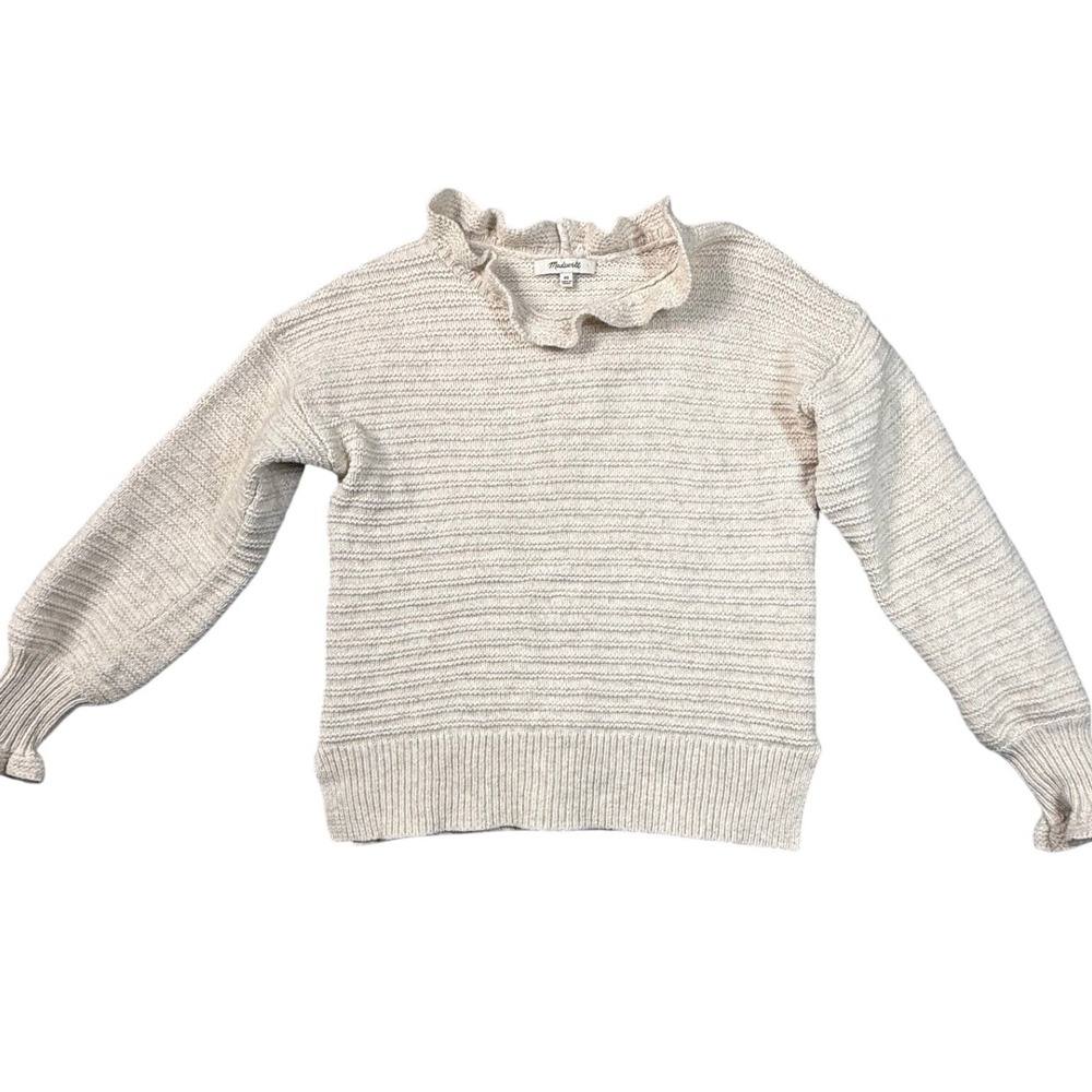 Madewell Ruffle Neck Cotton Merino Wool Sweater Oatmeal Beige XS - Picture 5 of 6